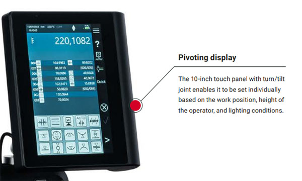 Pivoting display: The 10-inch touch panel with turn/tilt joint enables it to be set individually based on the work position, height of the operator, and lighting conditions.